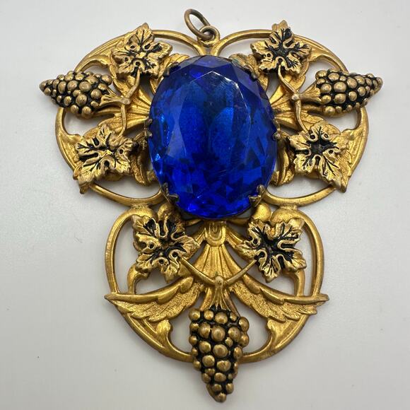 Antique Art Deco 1920s blue Czech glass rhinestone gold gilt grapes pendant - Picture 3 of 6